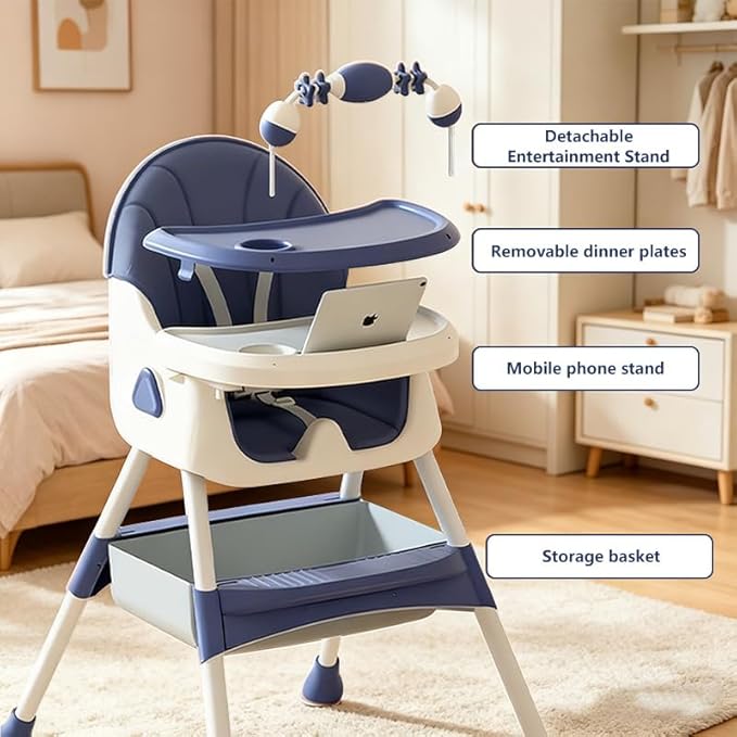 Portable Baby High Chair for Babies & Toddlers, Easy-Clean Multi-Use Feeding Chair with Lockable Wheels & Toy Storage Basket-Blue
