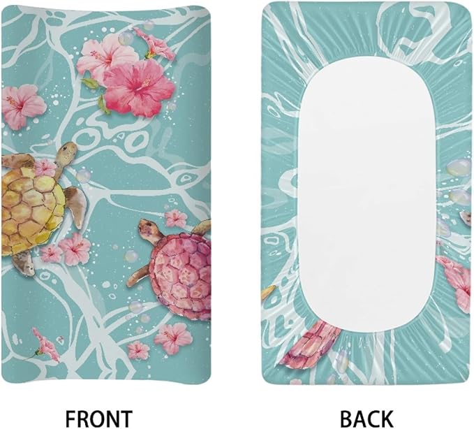 Stretchy Changing Pad Cover, Tropical Floral Hibiscus Turtle Soft Changing Pad Sheets, Unisex for Boys Girls, for Standard Changing Tables