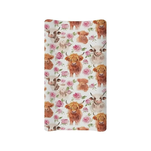 Highland Cow Cattle Changing Pad Cover for Baby Diaper Change Table Covers Soft Stretchy Unisex Diaper Change Table Sheets 32x16 Inch Cradle Mattress Sheets