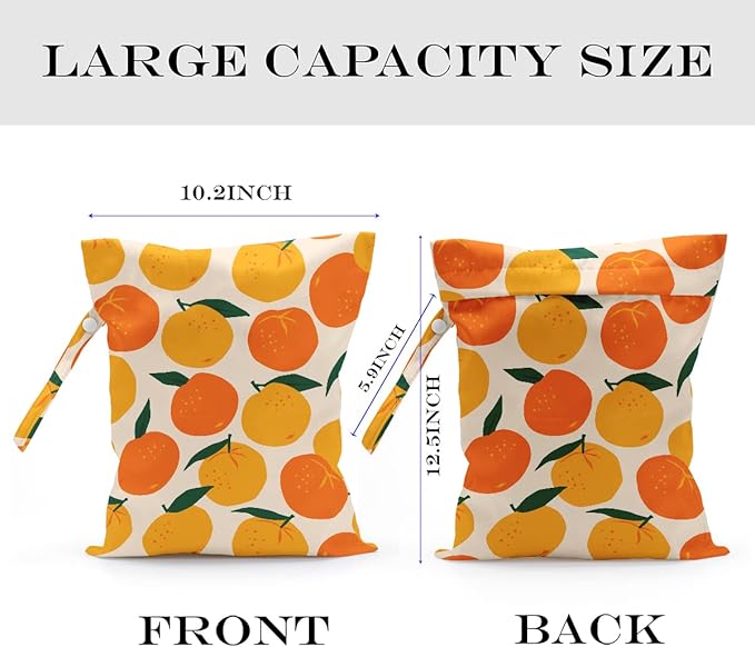 Wet Bag, Wet Dry Bag, Wet Bag for Swimsuit, Travel, Beach, Pool, Diapers, Dirty Yoga Gym Clothes, Makeup Bag, Waterproof Reusable Fruit Decor Orange Strawberry