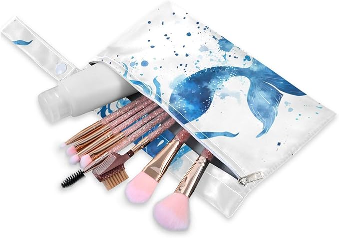 Watercolor Blue Mermaid Wet Dry Bag for Baby Cloth Diaper Waterproof Reusable Travel Wet Bag with Two Zippered Pockets for Swimsuits, 2 Pcs
