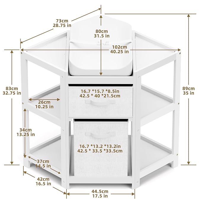 XJD Baby Corner Changing Table 2 Storage Drawers, Infant Diaper Changing Table Diaper Changing Station and Contoured Pad for Baby (White)