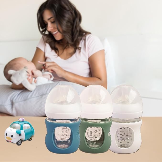 3 Pack Silicone Sleeves for Avent Natural Glass Baby Bottles, Anti Breakage Baby Bottle Holder, Compatible with Philips Avent Glass Natural Baby Bottle (Dark Blue+Dark Green+White, 4 OZ)
