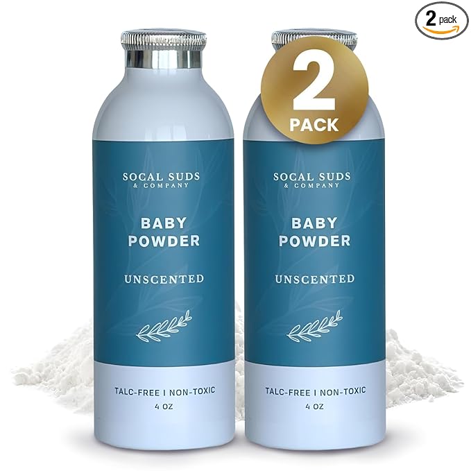 SoCal Suds & Company - Natural Baby Powder - Talc-Free Formula with Arrowroot, Kaolin, Aspen Bark Extract for Soft Soothing Sensitive Skin - Gentle Absorption - Fragrance Free, 4oz, 2-Pack
