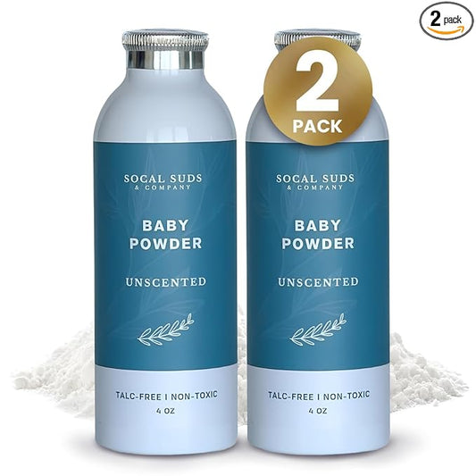 SoCal Suds & Company - Natural Baby Powder - Talc-Free Formula with Arrowroot, Kaolin, Aspen Bark Extract for Soft Soothing Sensitive Skin - Gentle Absorption - Fragrance Free, 4oz, 2-Pack