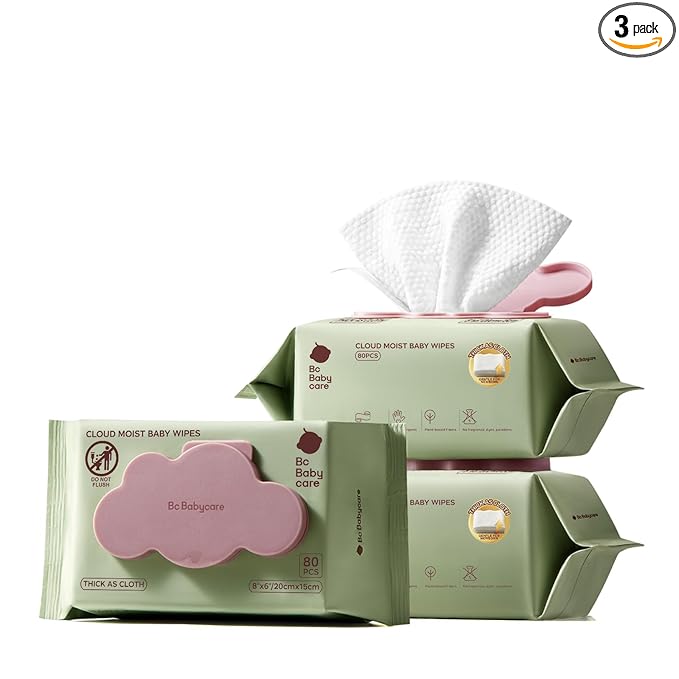 Bc Babycare Cloud Moist Baby Wipes, Thick & XL, 99% Water, Ultra-Hydrating, Unscented, Hypoallergenic for Sensitive Skin, Biodegradable, 3 Flip-Top, 240 Count