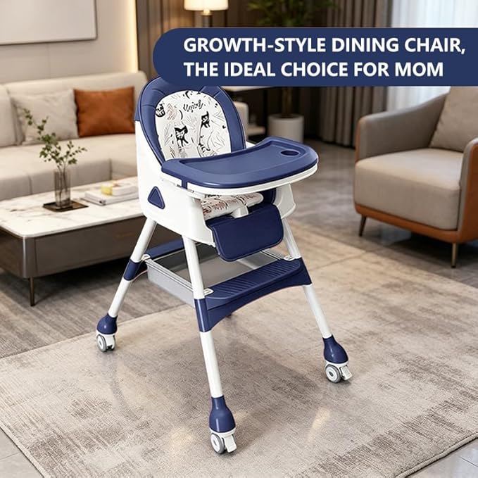 Portable Baby High Chair for Babies & Toddlers, Easy-Clean Multi-Use Feeding Chair with Lockable Wheels & Toy Storage Basket-Blue
