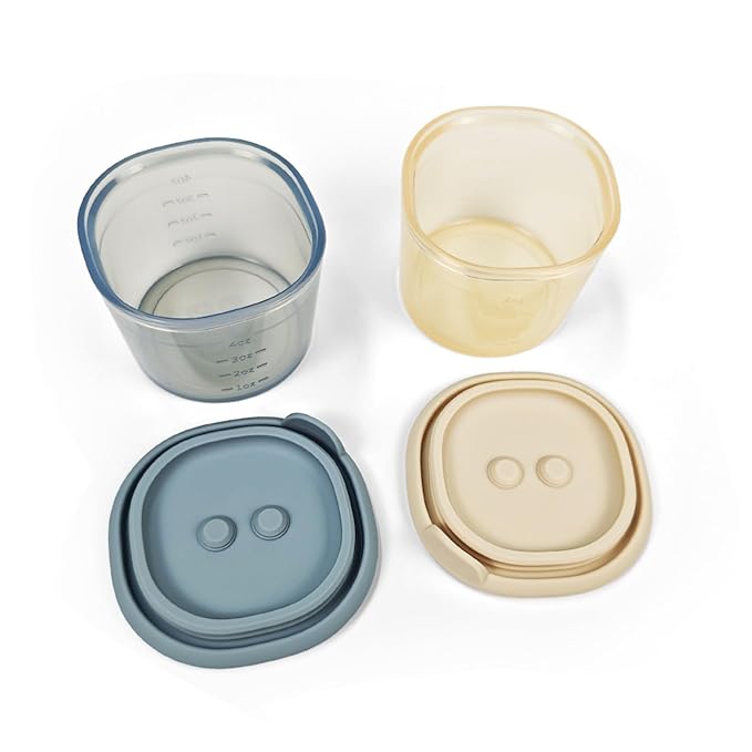 Ali+Oli Silicone Baby Food Containers (4oz) 2-pk Reusable Leakproof Snack Storage with Airtight Lids – Freezer & Microwave Safe for Infant and Kids Meals (Sky-Khaki)