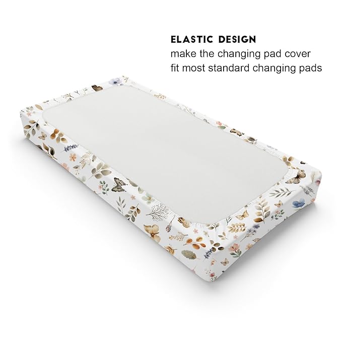Retro Boho Floral Leaves Butterflies Changing Pad Cover Botanic Garden Spring Diaper Changing Table Sheets for Girl Boy Wild Plants Soft Breathable Stretchy Baby Changing Table Mats Sheets 32''x16''