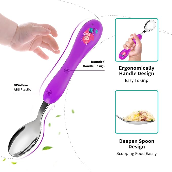 Lehoo Castle 6 Pieces Toddler Utensils, Kids Silverware for 2 3 4 Years Old, Stainless Steel Fork and Spoon Set with Plastic Handle, Safe Toddler Cutlery (Mermaid)