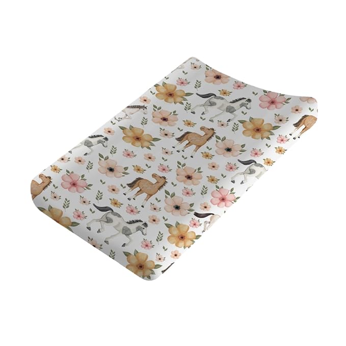 Changing Pad Covers Watercolor Horse Floral Baby Diaper Changing Pad Cover for Boys Girls Soft Breathable Stretch Fitted Diaper Change Table Pad Covers 32''x16'' White