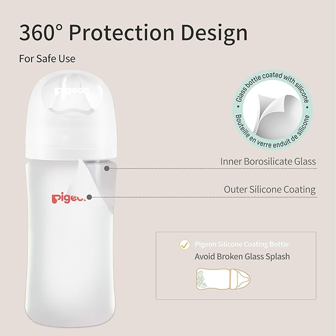 Pigeon Silicone Coating (Glass Inside/Silicone Outside) Baby Bottle, Wide Neck, Streamlined Body, Natural Feel, Easy to Clean, Heat-Resistant, 5 Oz (Pack of 2), Includes 2 pcs SS Nipples (0m+)