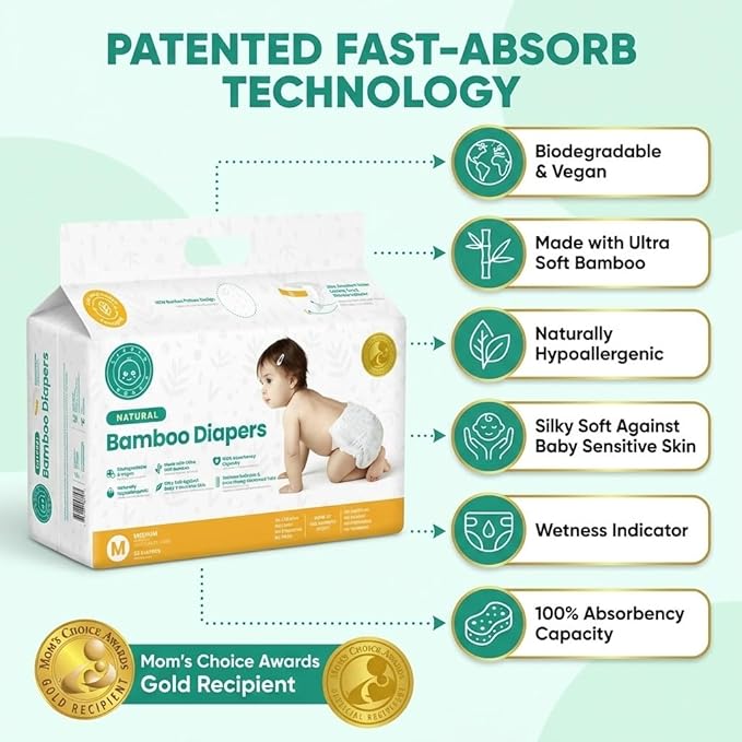 Little Toes Patented Natural Disposable Viscose Diapers ǀ Day and Overnight Diapers ǀ Sustainable ǀ Size 2-3 Medium | 36 Pack