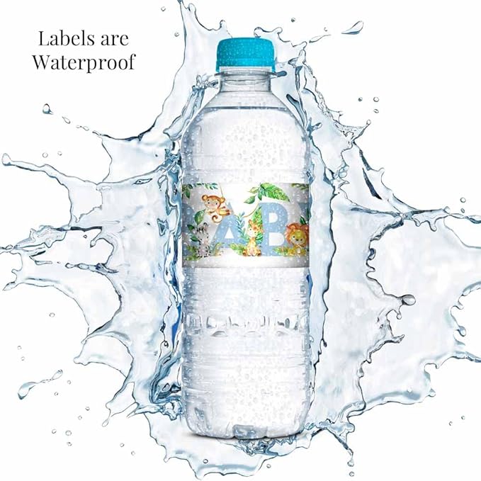 Watercolor Jungle Animals It's a Boy Baby Shower Waterproof Water Bottle Sticker Wrappers 20 Wrap Around Labels Sized 1.75" x 8.5" by AmandaCreation
