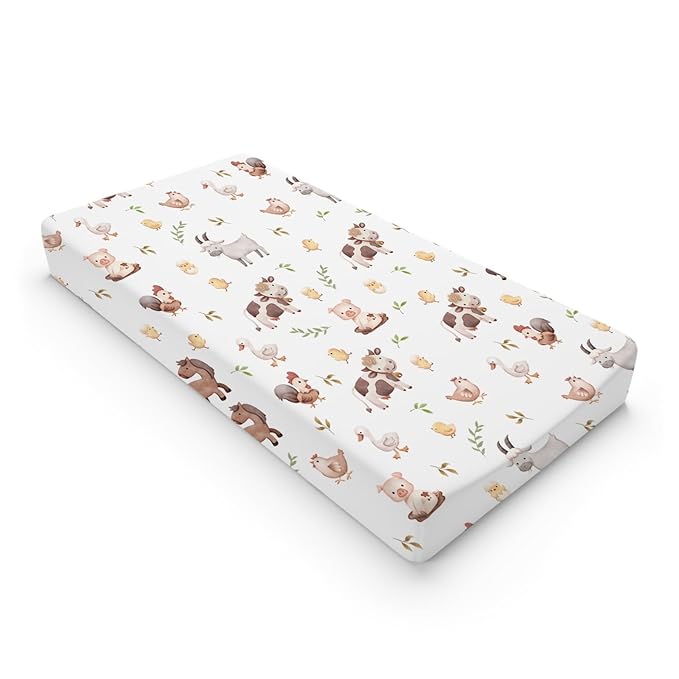 Baby Farm Life Changing Pad Cover for Boy Girl 32''x16'' Farm Animals Pig Goat Horse Cow Chick Rooster Duck Leaves Fitted Changing Pad Sheets Soft Breathable Diaper Change Table Mats