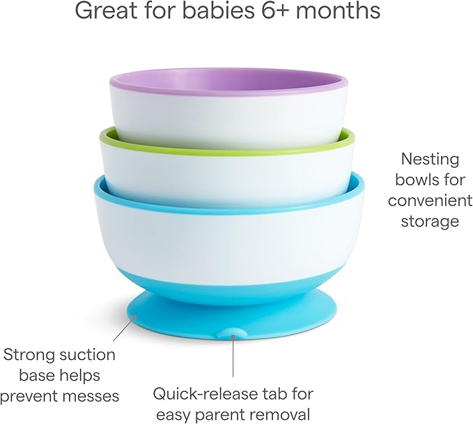Munchkin Stay Put Suction Bowls for Baby and Toddler, 3 Pack, Blue/Green/Purple