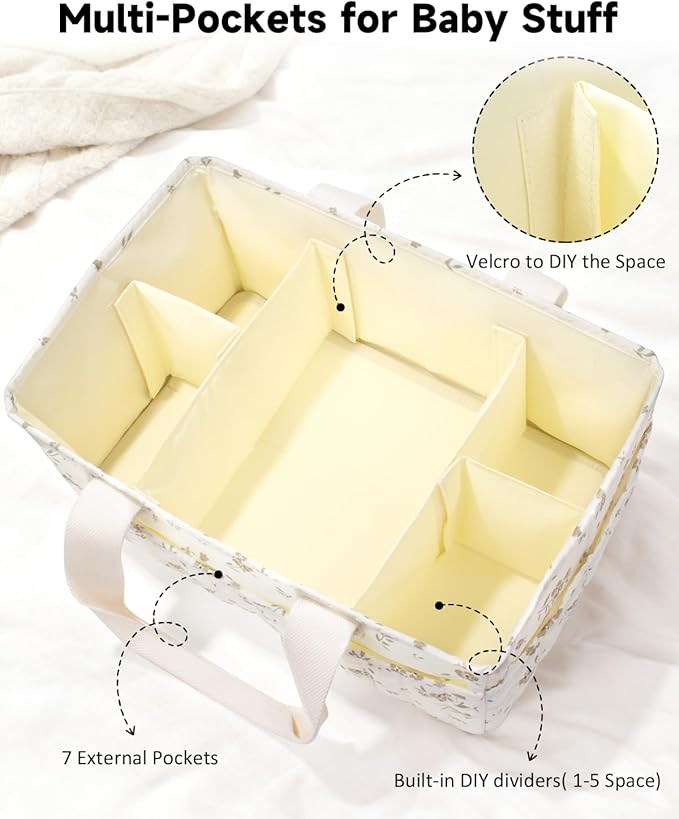 BuyCard Floral Baby Diaper Caddy Organizer, Large Quilted Nursery Storage Basket with Handle, Gift for Baby Shower, Newborn Parents Gift