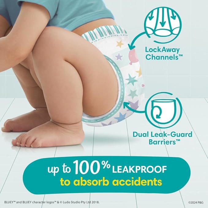 Pampers Easy Ups Pull On Bluey Training Pants Boys and Girls, 3T-4T, One Month Supply (124 Count) with Sensitive Water Based Baby Wipes 4X Pop-Top Packs (336 Count)