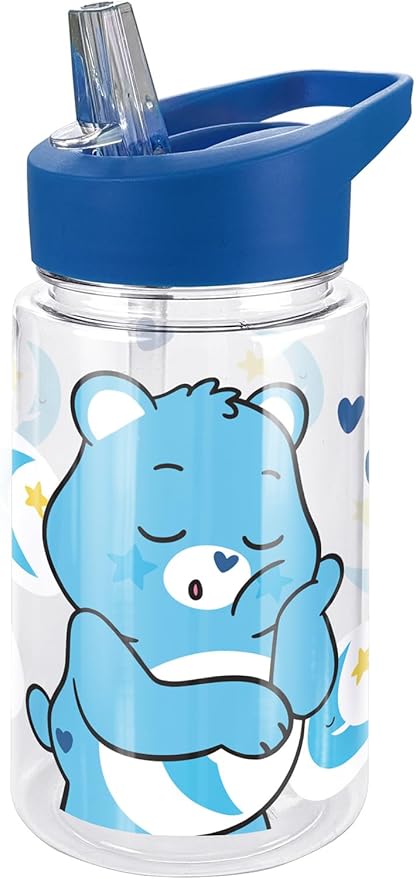 LOGOVISION Care Bears Kids Tritan Plastic Water Bottle with Straw Lid and Handle, Reusable Tumbler for Toddlers, Unisex for Girls and Boys, 12oz, Bedtime Bear Belly Pattern