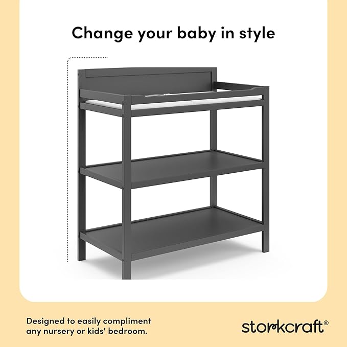 Storkcraft Alpine Changing Table (Gray) – GREENGUARD Gold Certified Nursery Changing Table, Includes Water-Resistant Changing Pad, 2 Shelves for Nursery Storage and Organizing
