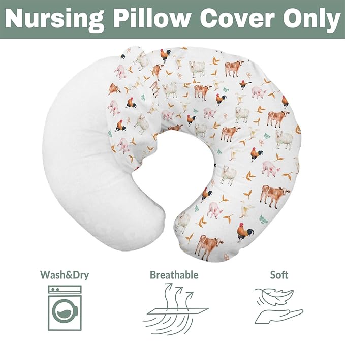 Watercolor Farm Animals Baby Nursing Pillow Covers for Boy Girl Pig Rooster Lamb Cow Duck Sunflowers Leaves Nursing Slipcovers for Breastfeeding Pillows Farm Life Soft Stretchy Removable Covers