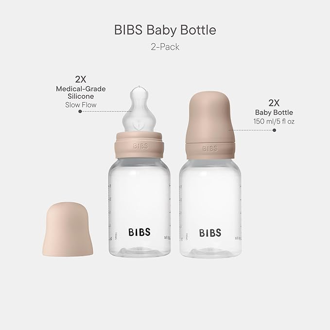 BIBS Baby Bottles 2-Pack, 5 Oz, Round Silicone Nipple, Anti-Colic System for Gas Reduction. BPA-Free, Lightweight & Easy to Clean, Suitable for Newborns 0+ Years -150ml (Pack of 2) Blush