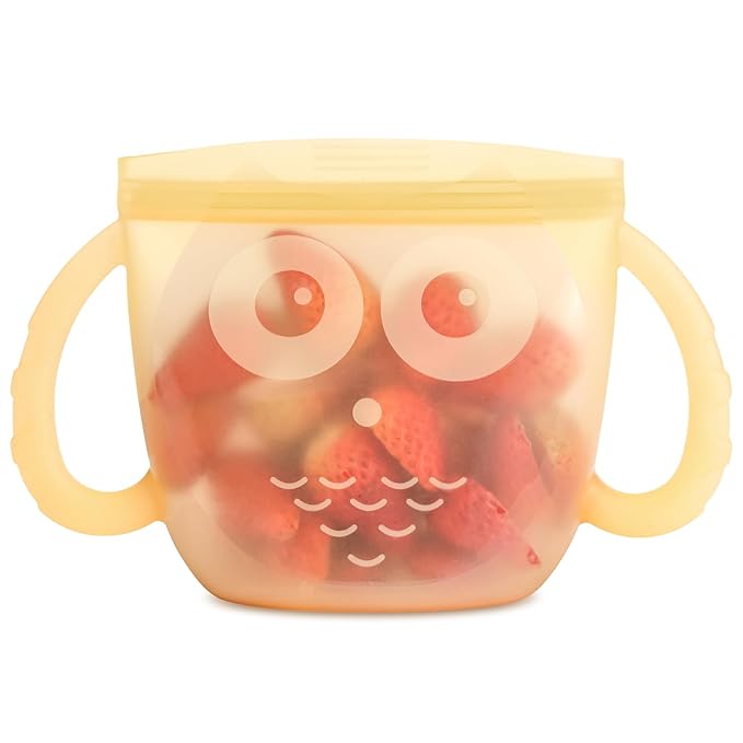 Haakaa Oscar Owl Baby Snack Container- Spill Proof Toddler Snack Containers, Silicone Travel Snack Container for Toddlers, Reusable Snack Containers for Kids On-The-Go,BPA Free- Banana