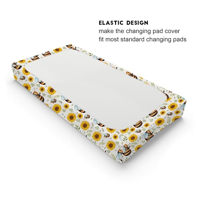 Cute Bees Sunflowers Leaves Changing Pad Cover Bees Boho Floral Diaper Change Table Pad Covers for Girls or Boys Soft Breathable Stretchy Snug Fitted Changing Sheets Mats Cover 32''x16''