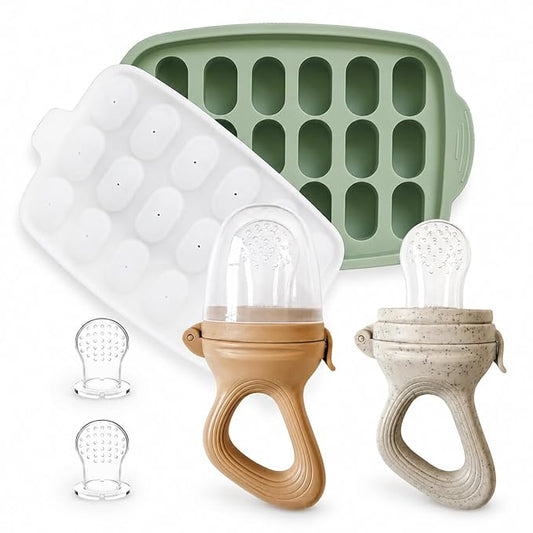 Hippypotamus Baby Food Feeder & Freezer Tray - Silicone Fruit Feeder - Pacifier Teething Toys - 2 Extra Pouches - Set of 2
