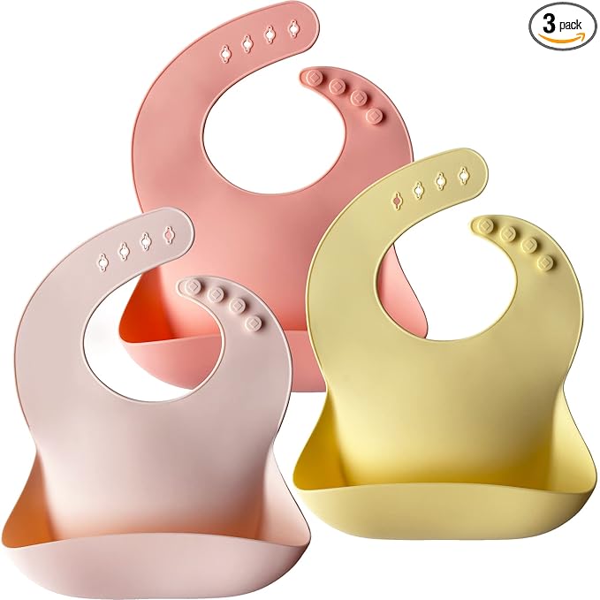 Moonkie Silicone Baby Bibs Set of 3, BPA Free Waterproof Baby Bibs for Eating, Adjustable Silicone Bibs for Babies 6-12 Months, Toddler Bibs with Pocket Food Catcher (Pink/Pastel Yellow/Soft Pink)