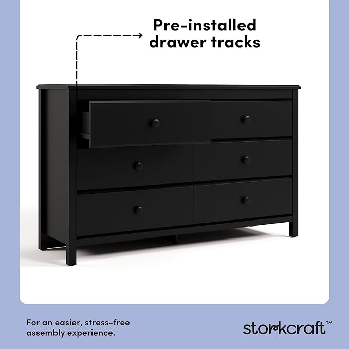 Storkcraft Alpine 6-Drawer Dresser (Black) – GREENGUARD Gold Certified, Black Dresser for Bedroom, Kids & Nursery Storage Drawers, Safety Interlocking Drawers, Pre-Installed Tracks, Kids Bedroom