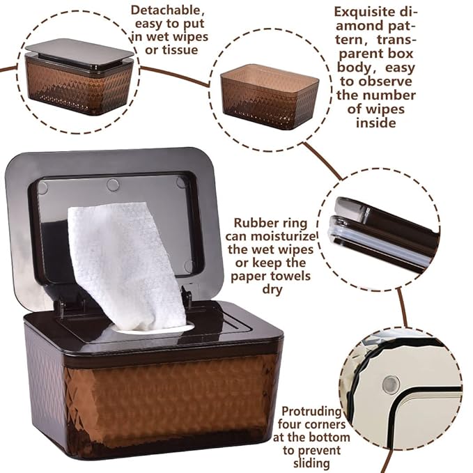 Wipes Dispenser & Wipes Pouch/Tissue Bag, Wipes/Tissue Case with Moisture Seal Secure Lid, Non-Slip Rubber Feet & Sealing Design Keeps Wipes Fresh, Dustproof Wipes Container(WH,BN+2Panda)