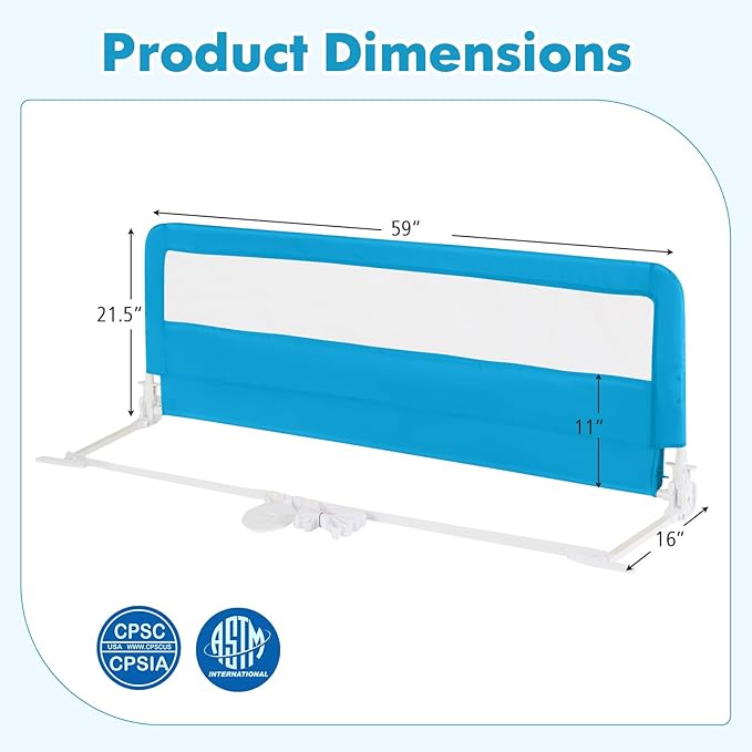 Costzon Bed Rail for Toddlers, 2 PCS Extra Long Swing Down Safety Bed Guards w/Straps for Convertible Crib, Kids Twin, Double, Full Size, Queen & King Bed, Folding Bed Rails for Baby (59-Inch, Blue)