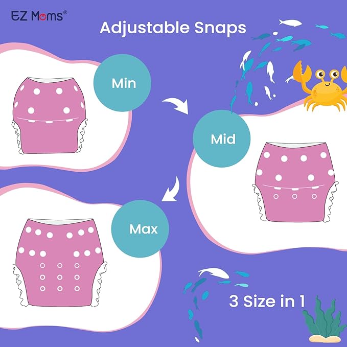 EZ Moms Baby Swim Diapers Reusable 2Pcs Snap One Size Adjustable Washable Newborn Infant Swim Diaper with a Shammy Towel for Baby Girl Water Diaper Waterproof Swimming Diapers for Swimming Lessons