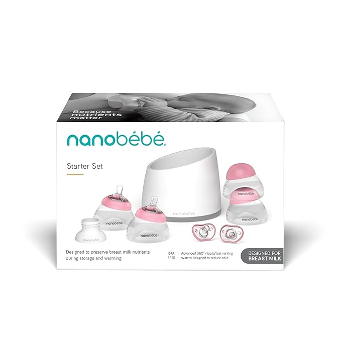 Nanobebe Breastmilk Baby Bottle Anti-Colic Starter Set with Silicone Pacifiers, Bottle Warmer, Breast Pump Adapter, and Slow Flow Nipples - 5 oz - Pink/Grey