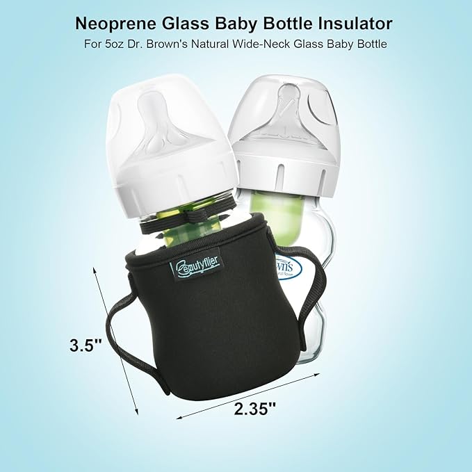 Beautyflier Glass Baby Bottle Sleeve Covers for Dr. Brown's Natural Flow Anti-Colic Wide-Neck Glass Baby Bottles, 3.3mm Thicken Heat and Cold Retention Baby Bottle Sleeve (Black, 2pcs, 5oz/150 mL)