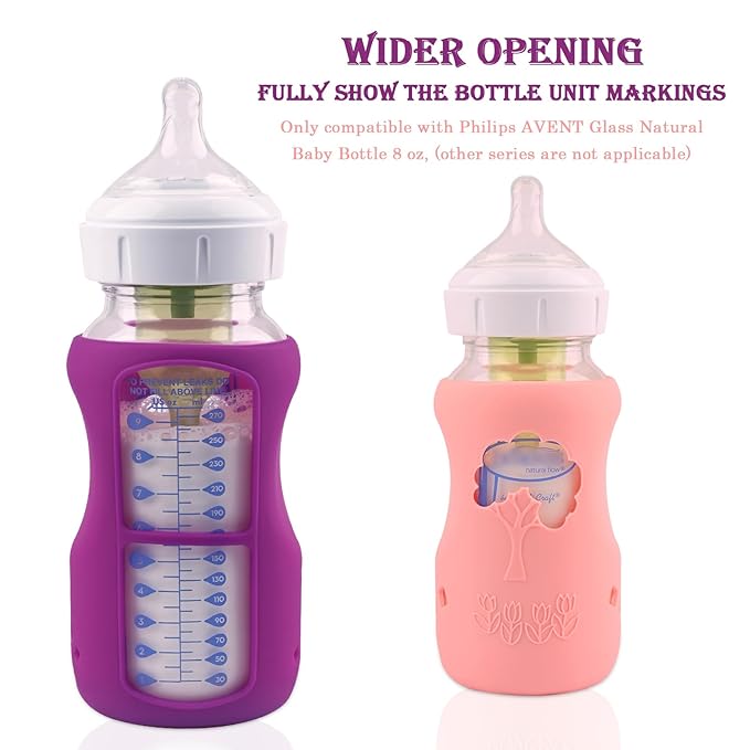 3 Pack Silicone Sleeves for Dr. Brown's Natural Glass Baby Bottles, Anti Breakage Baby Bottle Holder, Compatible Dr. Brown Wide-Neck Glass Baby Bottles 9 oz (White+Pink+Purple)