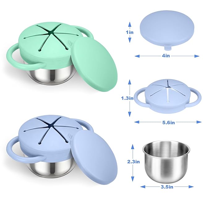 Palksky Toddler Snack Cups Stainless Steel for Kids, 2Pack 3-in-1 Snackle Containers with Spill-Proof Silicone Lids,Handles, Metal Baby Snack Box No-Spill for On-The-Go, Travel - Green and Blue