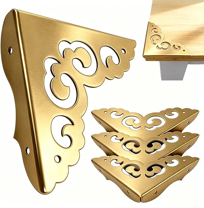 4pcs Metal Corner Protectors Solid Brass with Victorian-Inspired scrollwork Pattern Brackets Vintage Furniture Corner Protector Edge Guard for Table Desk Cabinet with Screws (Bronze)
