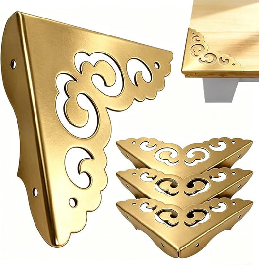 4pcs Metal Corner Protectors Solid Brass with Victorian-Inspired scrollwork Pattern Brackets Vintage Furniture Corner Protector Edge Guard for Table Desk Cabinet with Screws (Bronze)