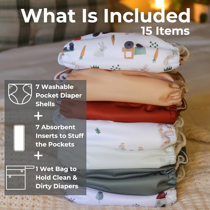 Nora's Nursery AWJ Cloth Diapers 7 Pack with 1 Wet Bag - Waterproof Cover, Washable, Reusable & One Size Adjustable Pocket Diapers for Newborns and Toddlers - On the Farm