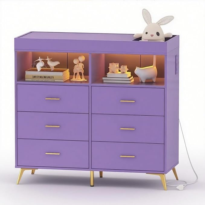Jojoka Nursery Changing Table Dresser with LED Lighting and Charging Function, 6 Drawer Storage Dresser with 2 Open Compartments, Convertible Baby Diaper Station for Nursery and Bedroom Use