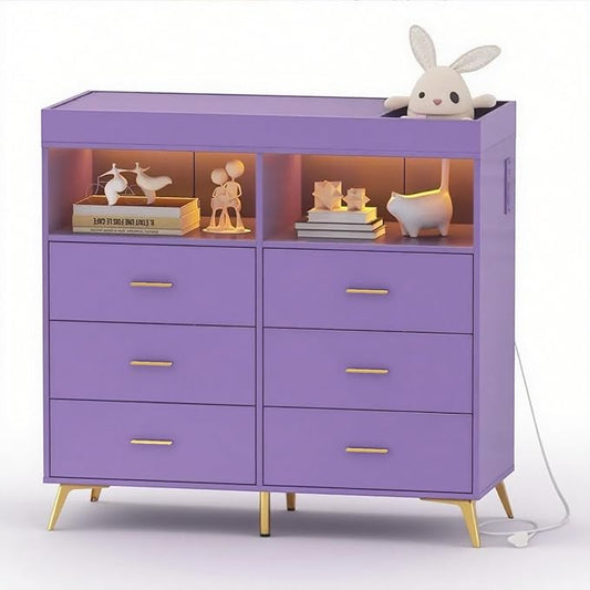Jojoka Nursery Changing Table Dresser with LED Lighting and Charging Function, 6 Drawer Storage Dresser with 2 Open Compartments, Convertible Baby Diaper Station for Nursery and Bedroom Use