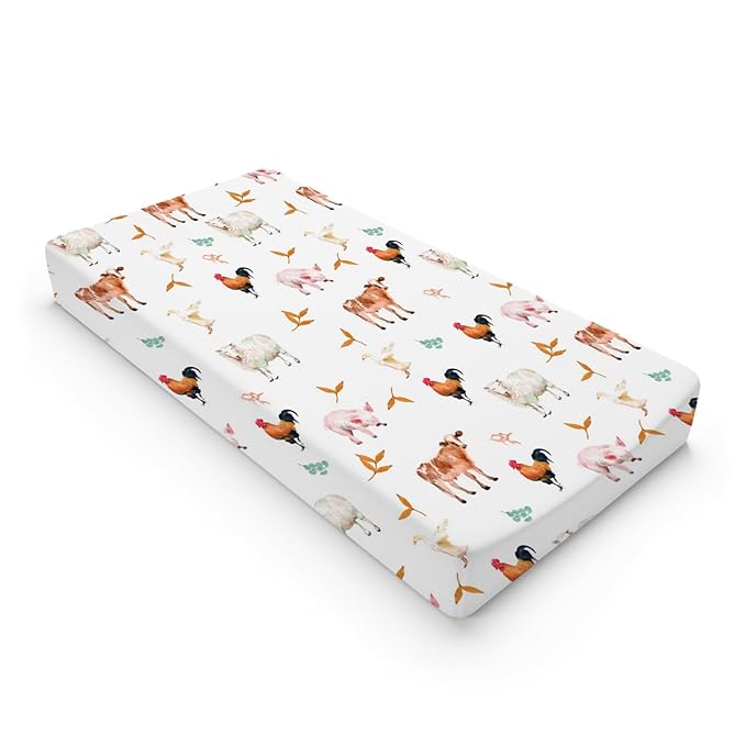 Watercolor Farm Animals Changing Pad Cover Cow Lamb Chicken Pig Hen Duck Sunflowers Leaves Diaper Change Table Cover Sheets for Boys Girls Soft Stretchy Fitted Changing Mat Sheets