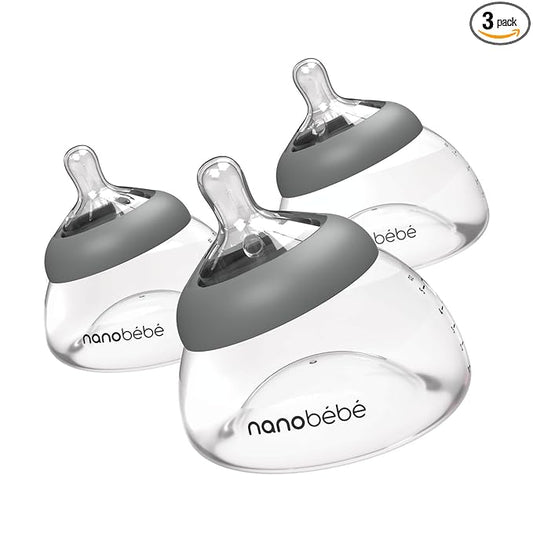Nanobebe Breastmilk Baby Bottle 3 Pack 5oz Grey Preserves Breastmilk Nutrients Anti Colic Triple Vented Nipple Fast Heating Breast Shaped Bottle for Easy Transition BPA Free