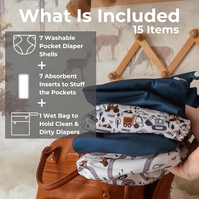 Nora's Nursery Cloth Diapers 7 Pack with 7 Inserts & 1 Wet Bag - Waterproof Cover, Washable, Reusable & One Size Adjustable Pocket Diapers for Newborns and Toddlers - Mighty Trucks
