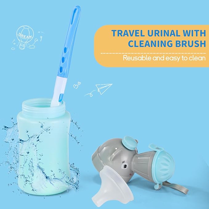 ONEDONE Portable Urinal for Kids 17 OZ Pee Bottle with Clean Brush Travel Urinal for Kids Baby Child Pee Cup for Boys Emergency Toilet for Camping Car Travel and Kid Potty Training(Blue)