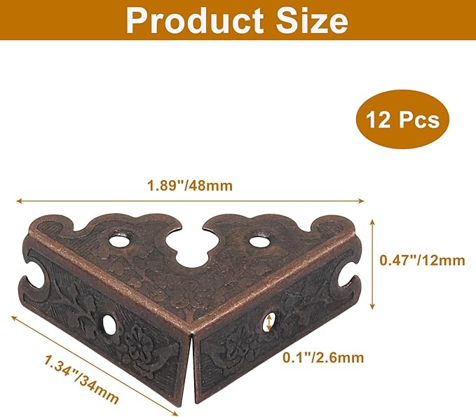 Bivethoi 12 Pack 1.34" x 1.34" Decorative Corner Protectors, Retro Style Edge Safety Guards Red Copper Covers, Vintage Metal Edge Cover for Furniture/Table/Jewelry Box