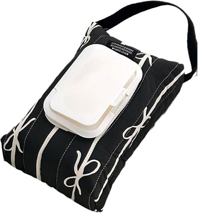 Travel Friendly Wet Wipe Storage Case Quilted Sturdy Cotton Storage Bag With Fashionable Stripe And Bowknot Detail, Black