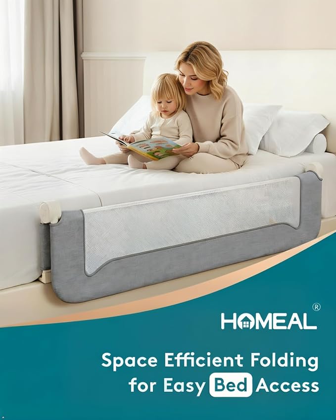 HOMEAL Bed Rail for Toddlers, 59" Extra Long Swing Down Bed Guard with Double Reinforced Stability, Foldable Metal Safety Rail for King, Queen, Full & Twin Beds, Grey